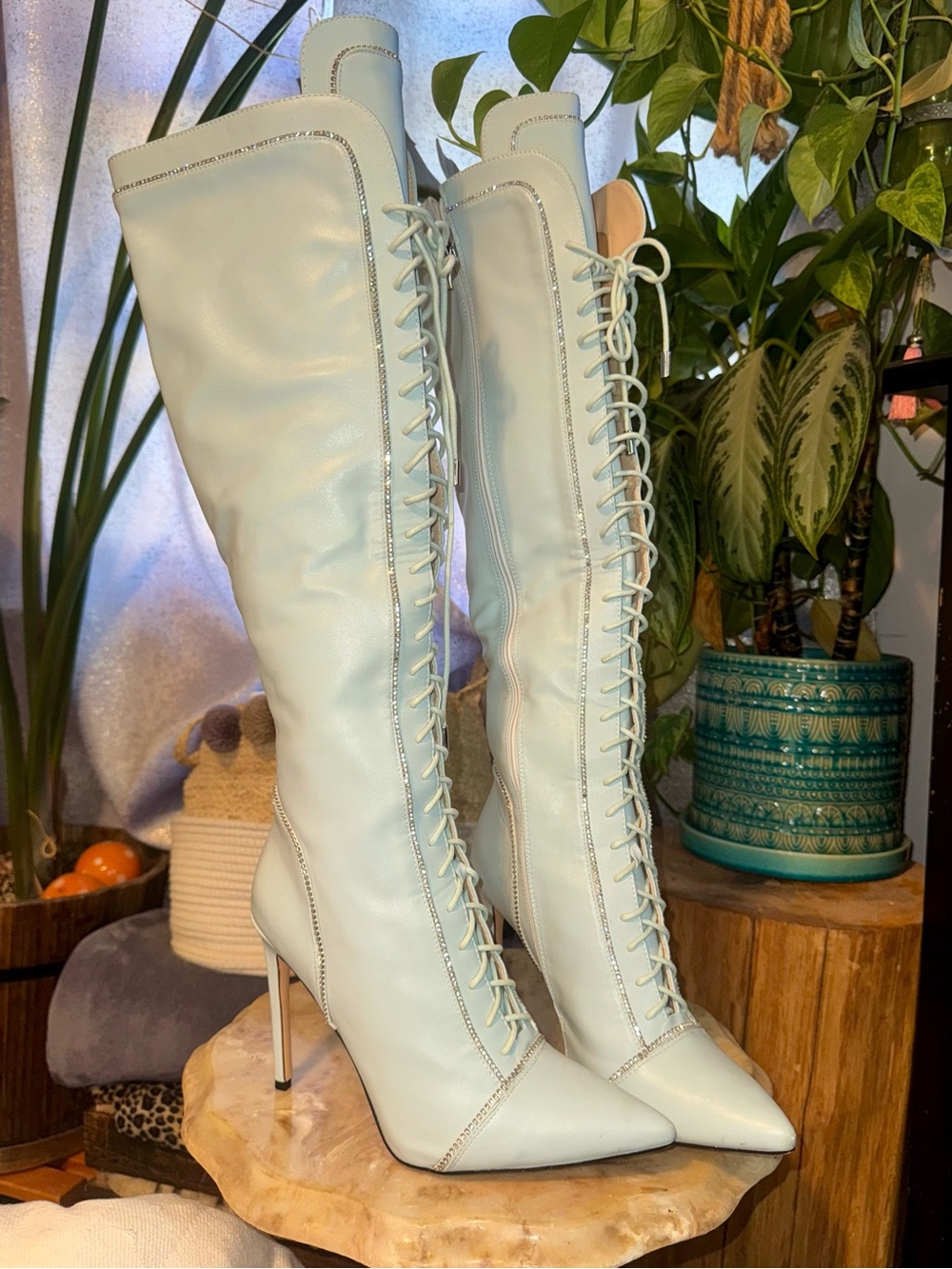 Azalea Wang Baby Blue Rhinestone Lace-Up Over-the-Knee Boots